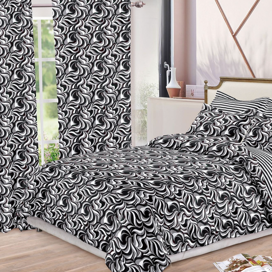 Set lenjerie de pat 2 persoane 6 piese cu Draperii 2 piese Alba Neagra Modern