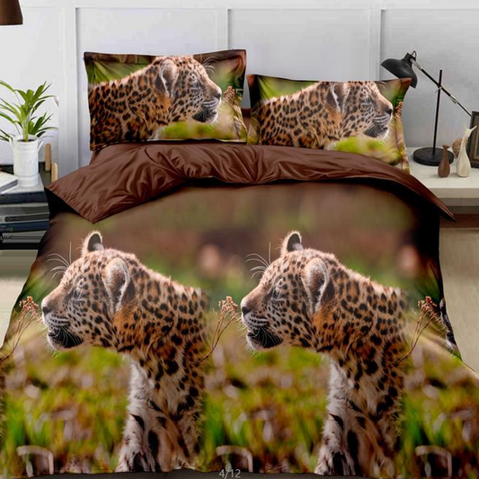 Lenjerie de pat 2 Persoane din bumbac satinat 3D cu 4 piese Maro cu Animal Print